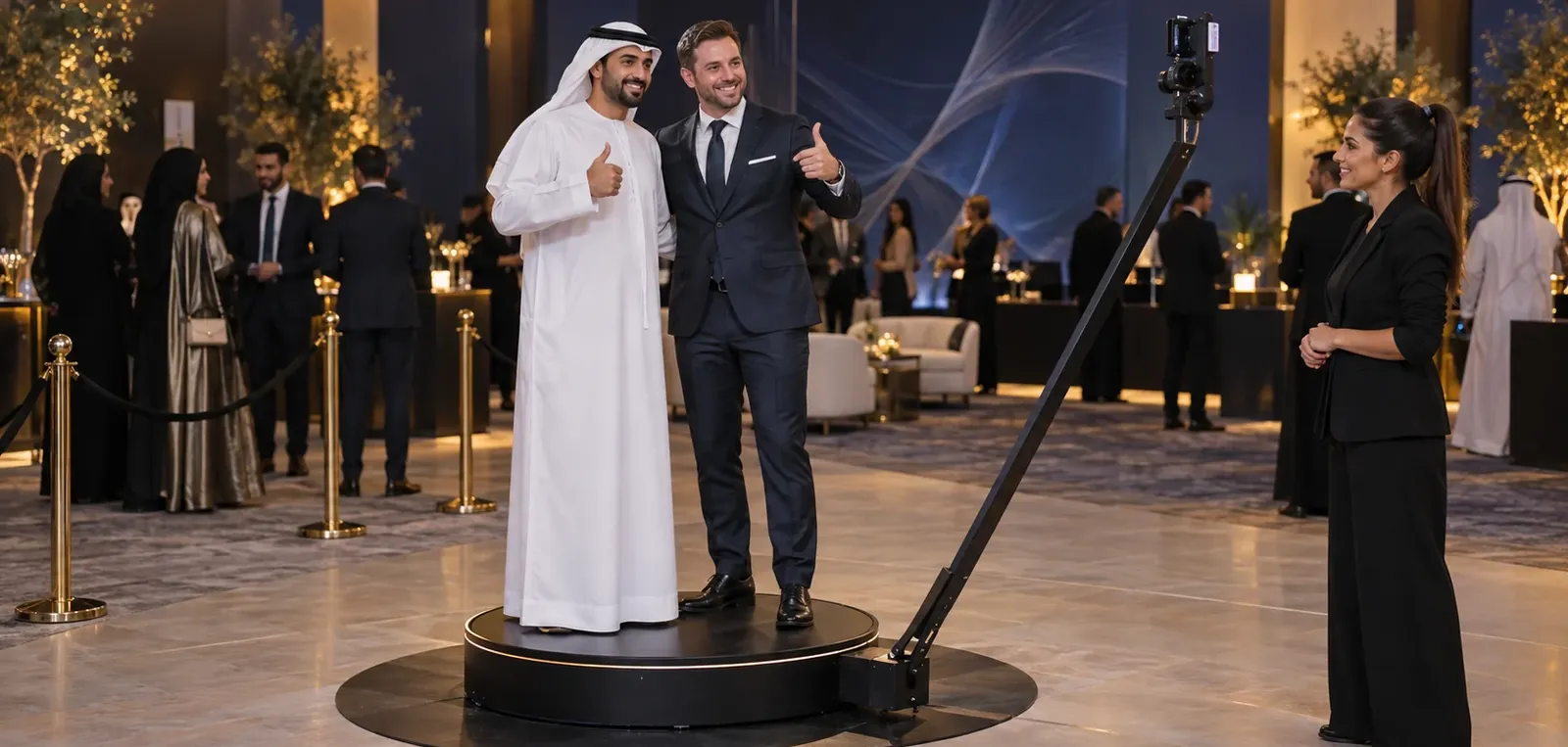 Two guests posing on a circular 360 video booth platform with a camera arm and an attendant nearby