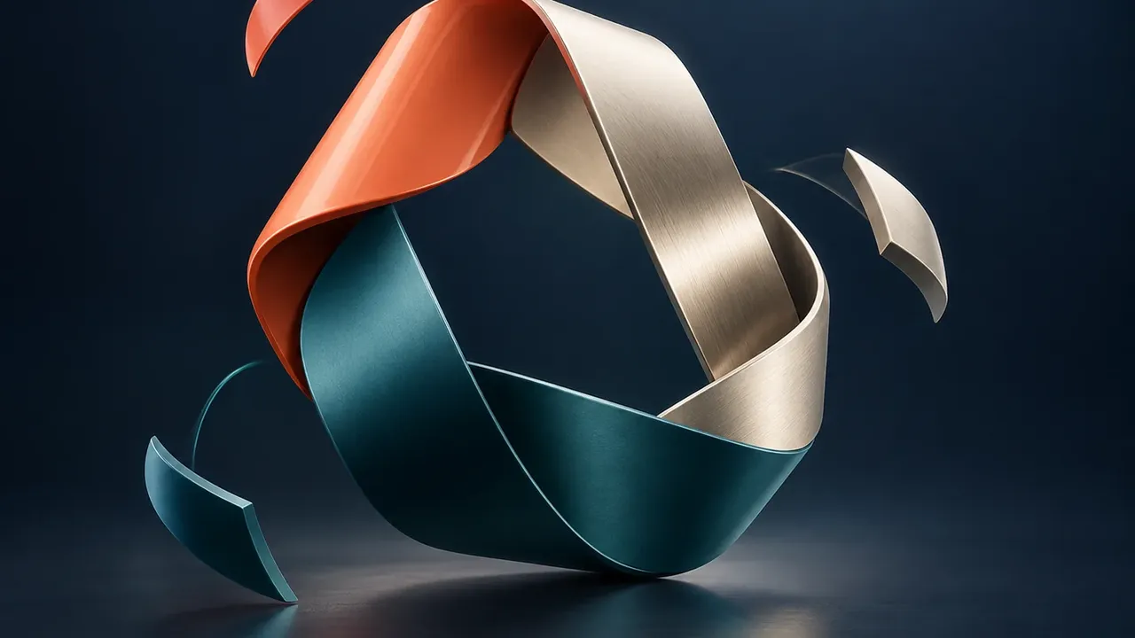 Coral, silver and teal ribbons assembling into an abstract brand emblem