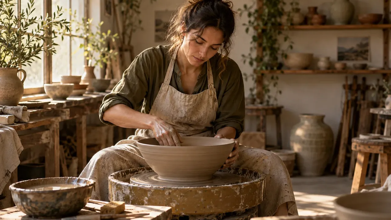 Artisan shaping clay in a sunlit workshop with warm earth tones