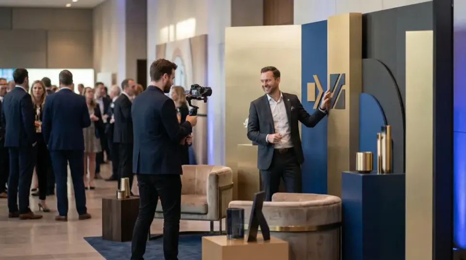 Camera operator filming a guest at a branded content station