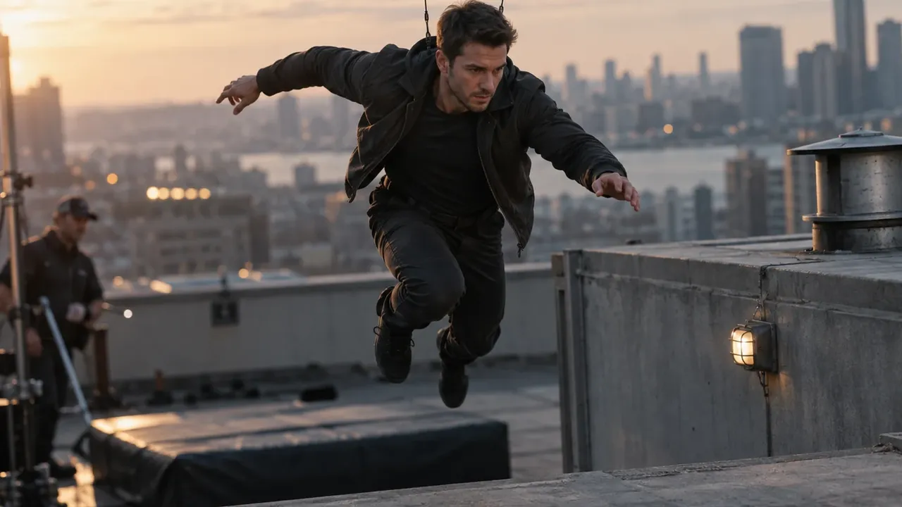 Illustrative stunt rehearsal with a performer suspended on visible safety wires above a rooftop mat