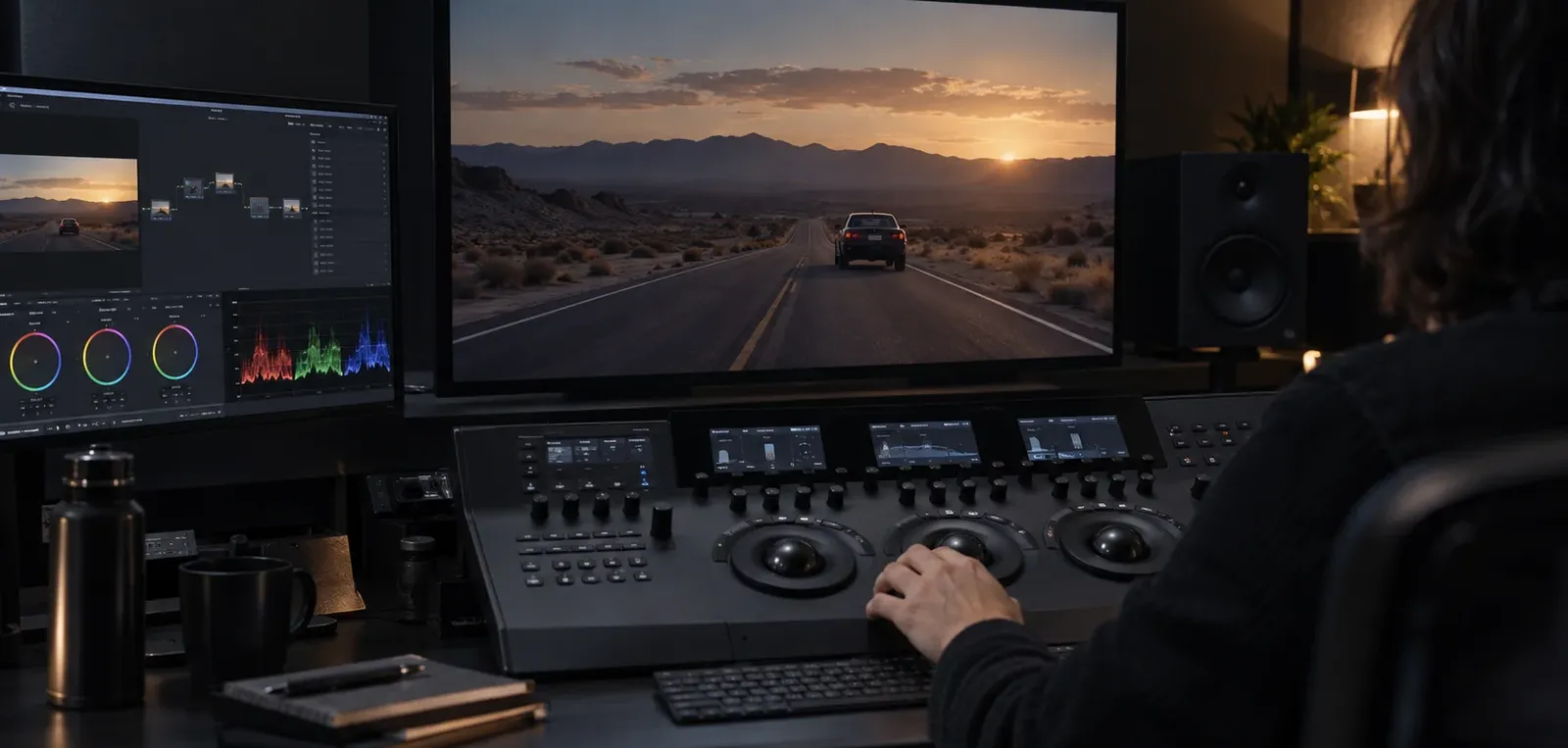 Colourist adjusting a three-trackball grading console with a desert road scene on the reference display