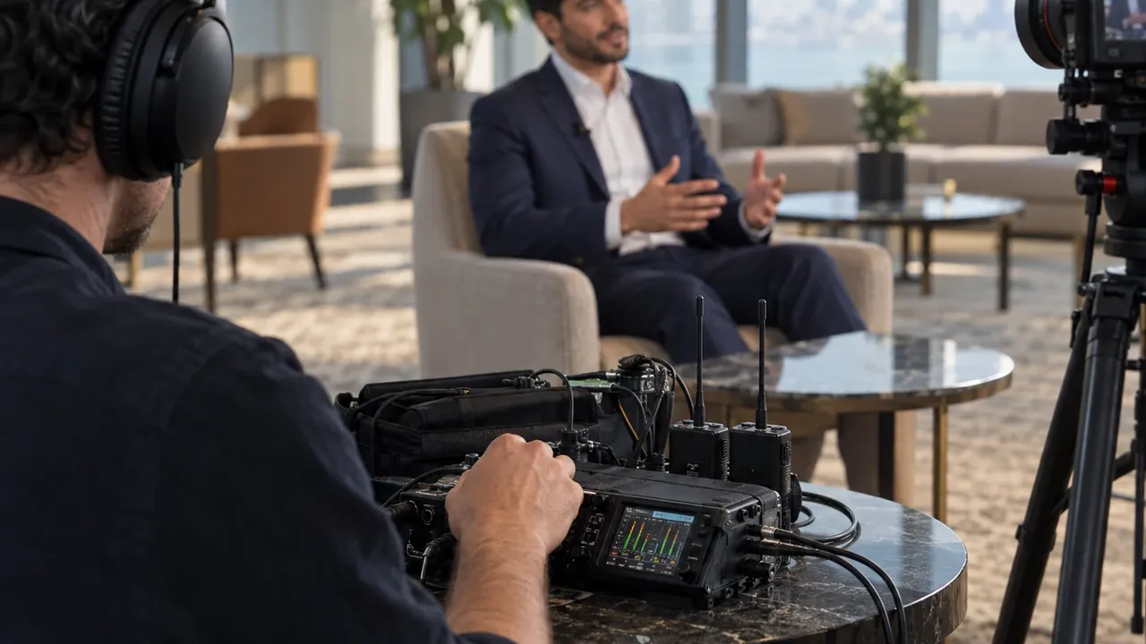 Sound recordist monitoring a portable recorder and wireless microphones during a corporate interview