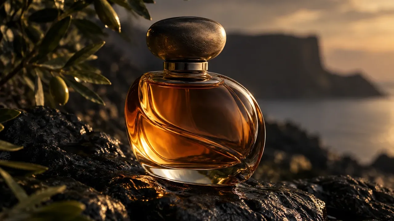 Amber perfume bottle on dark stone with warm light and soft reflections
