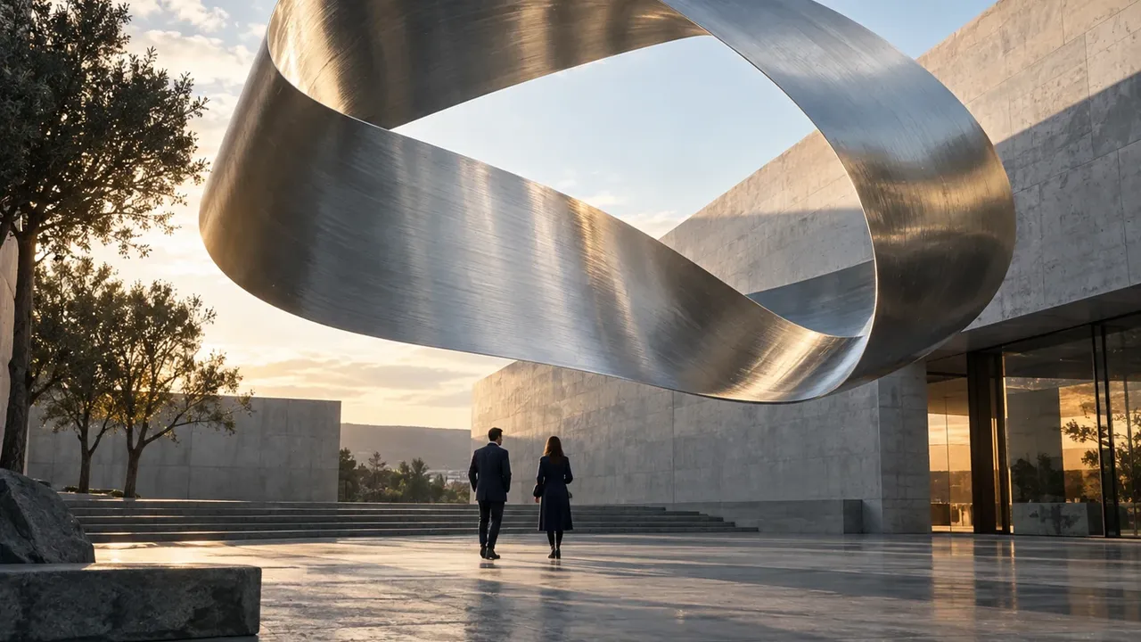 Illustrative VFX scene of a suspended silver ribbon sculpture above two people in a concrete courtyard