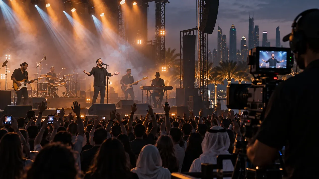 Live broadcast camera capturing a singer and band performing at an outdoor evening concert