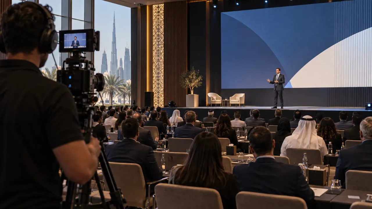 Camera operator filming a presenter and seated delegates at a corporate conference in Dubai