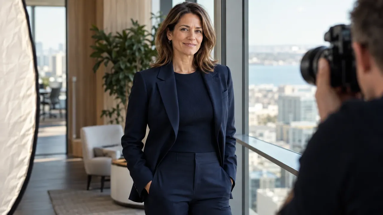 Photographer taking an executive portrait beside an office window