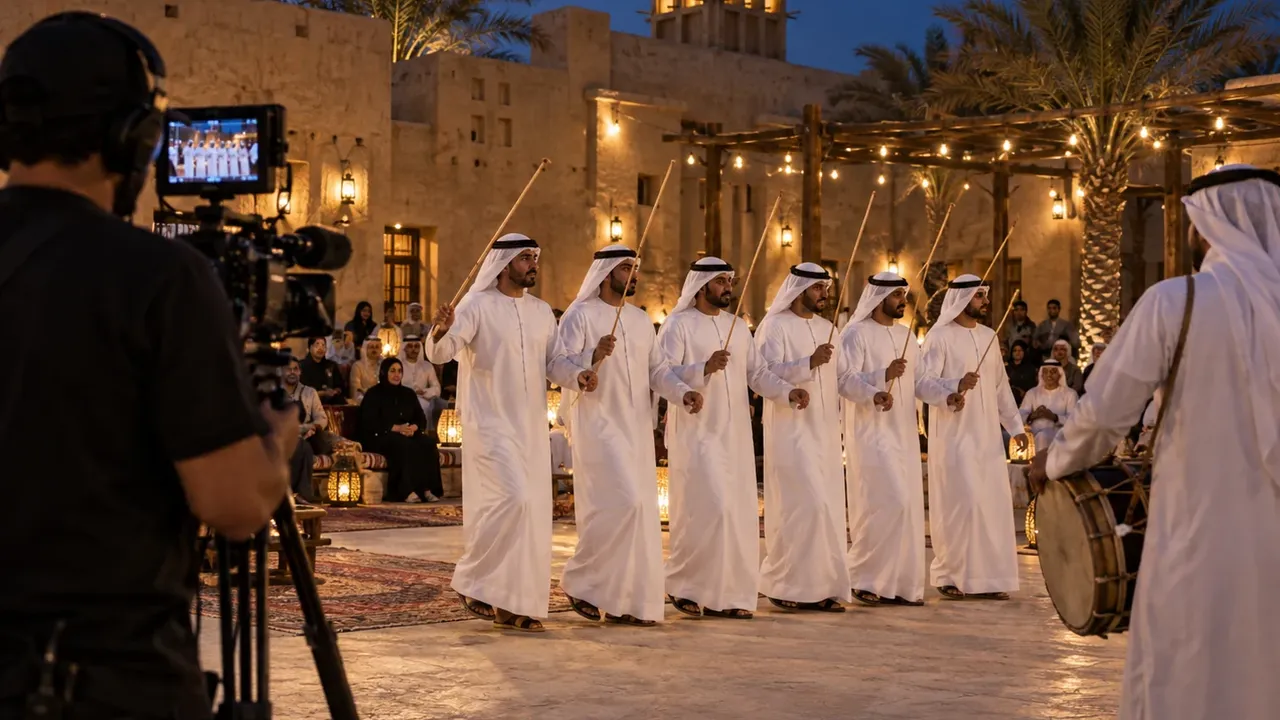 Camera crew filming an Emirati Al Ayala performance in a heritage courtyard at dusk