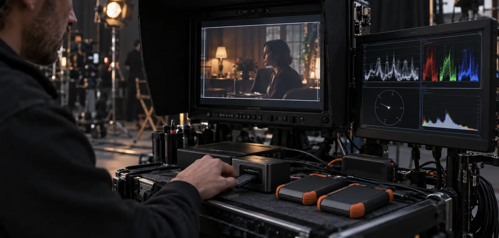 Digital imaging technician checking footage, video scopes and media drives at a mobile DIT station