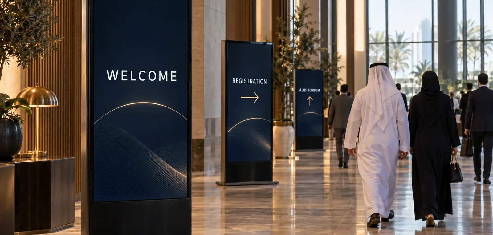 Coordinated welcome, registration and auditorium signs guiding delegates through a conference foyer