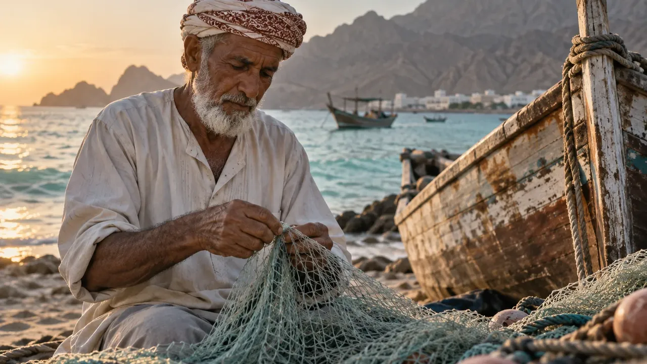 Older fisherman tending a net beside a wooden boat in early morning light