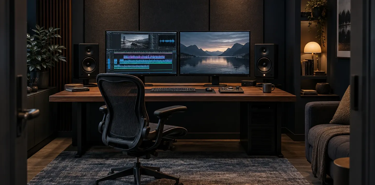 Private editing suite with dual monitors, acoustic panels and an empty chair