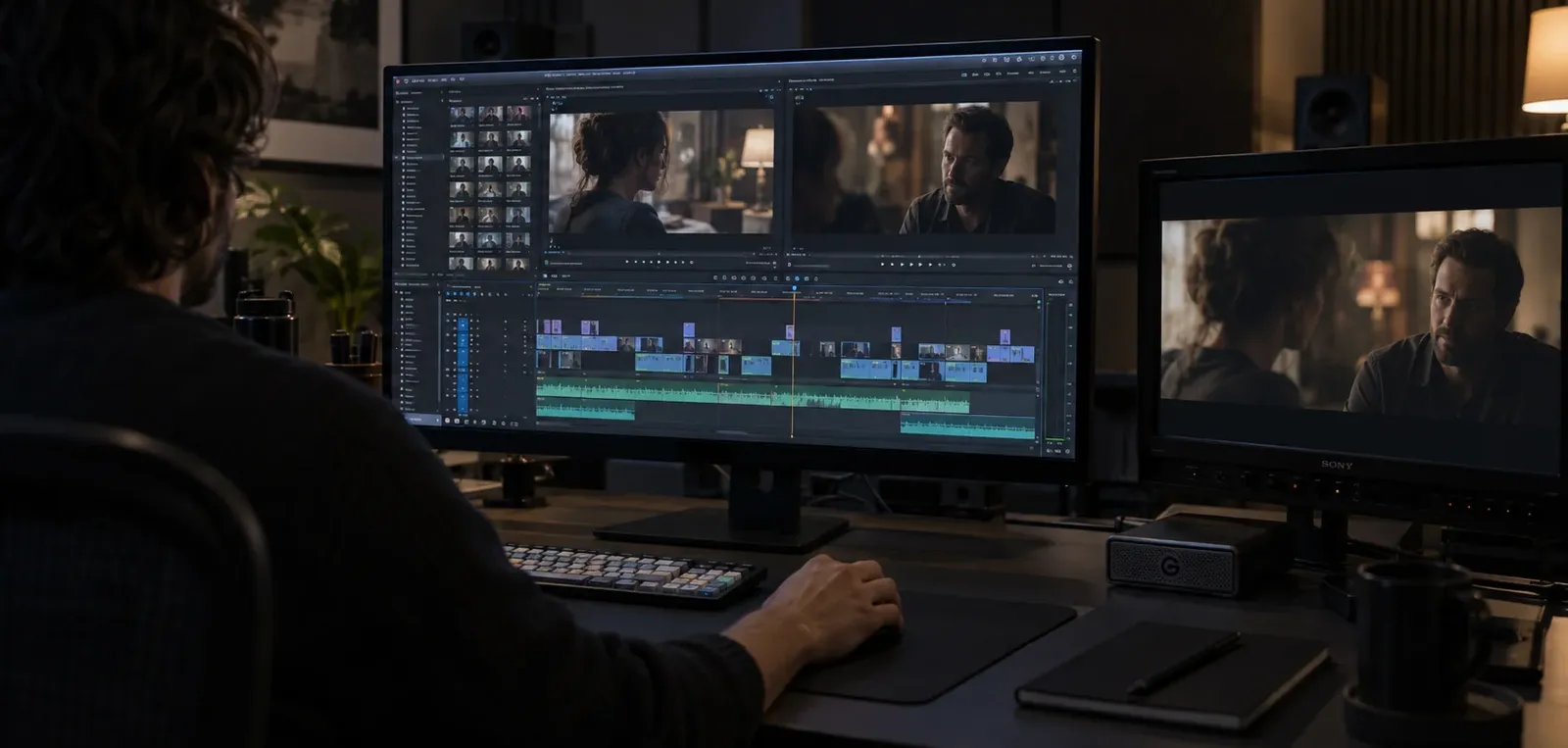 Editor assembling a dialogue scene on a timeline in a dedicated post-production suite