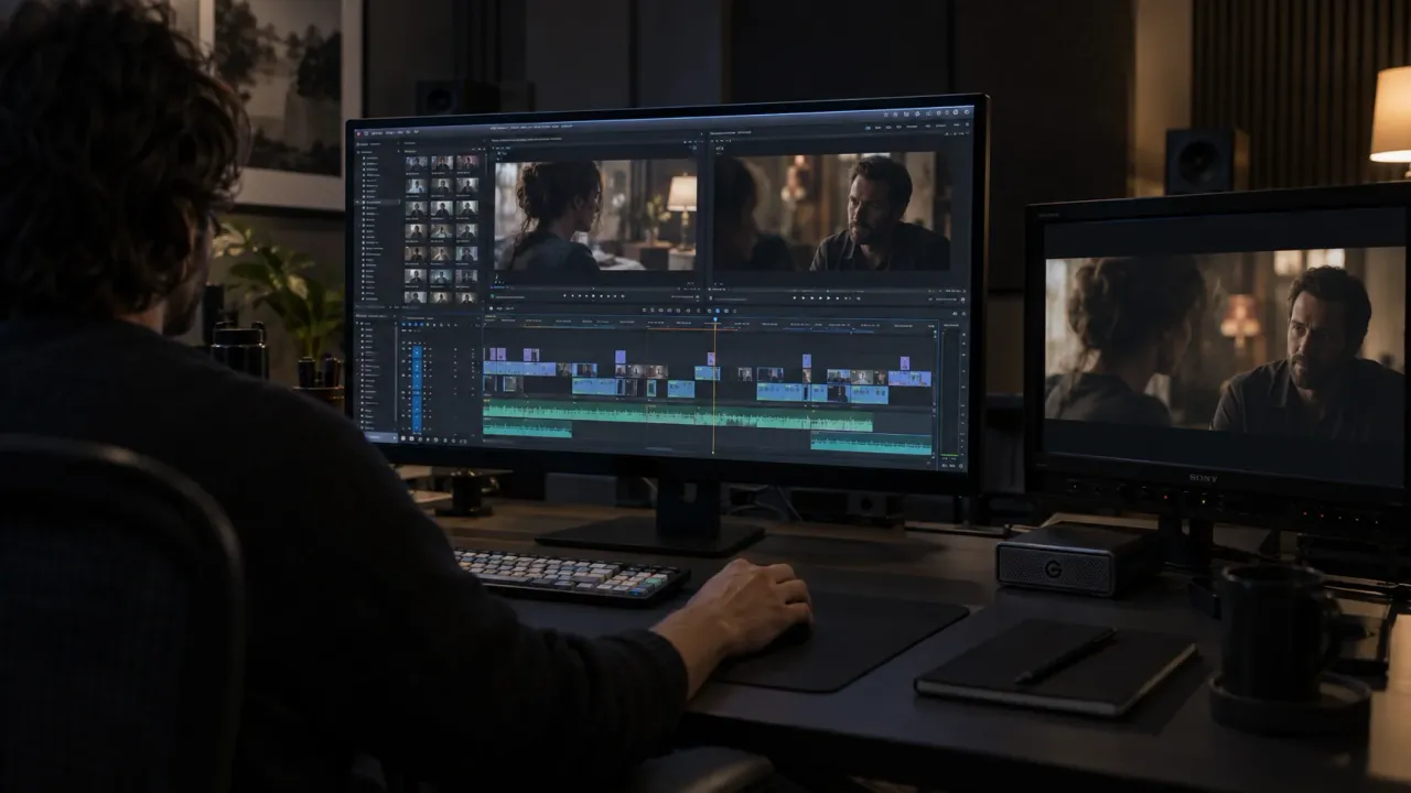 Video editor assembling footage on a timeline with a reference monitor