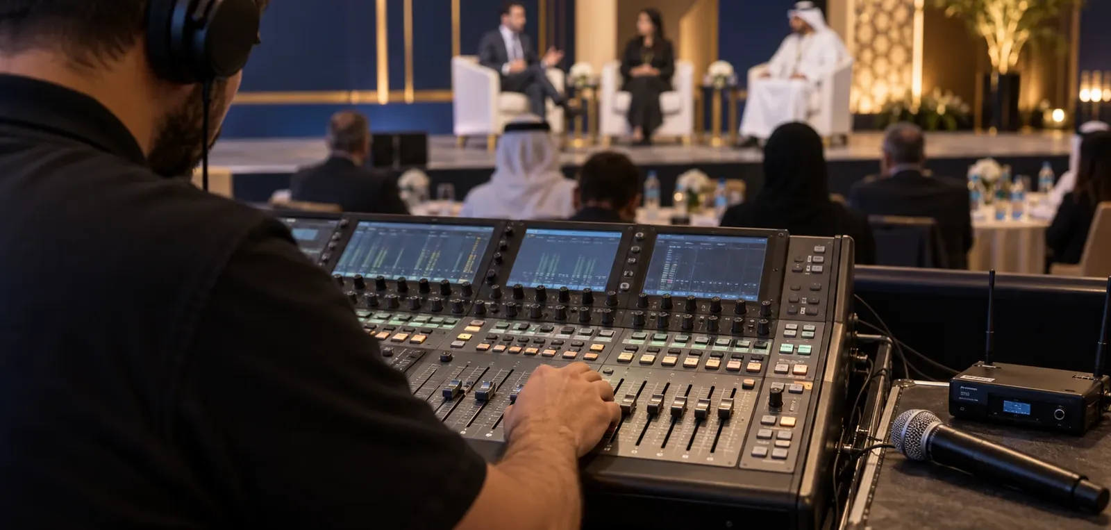 Sound technician mixing a panel discussion on a digital audio console with a wireless microphone beside the desk