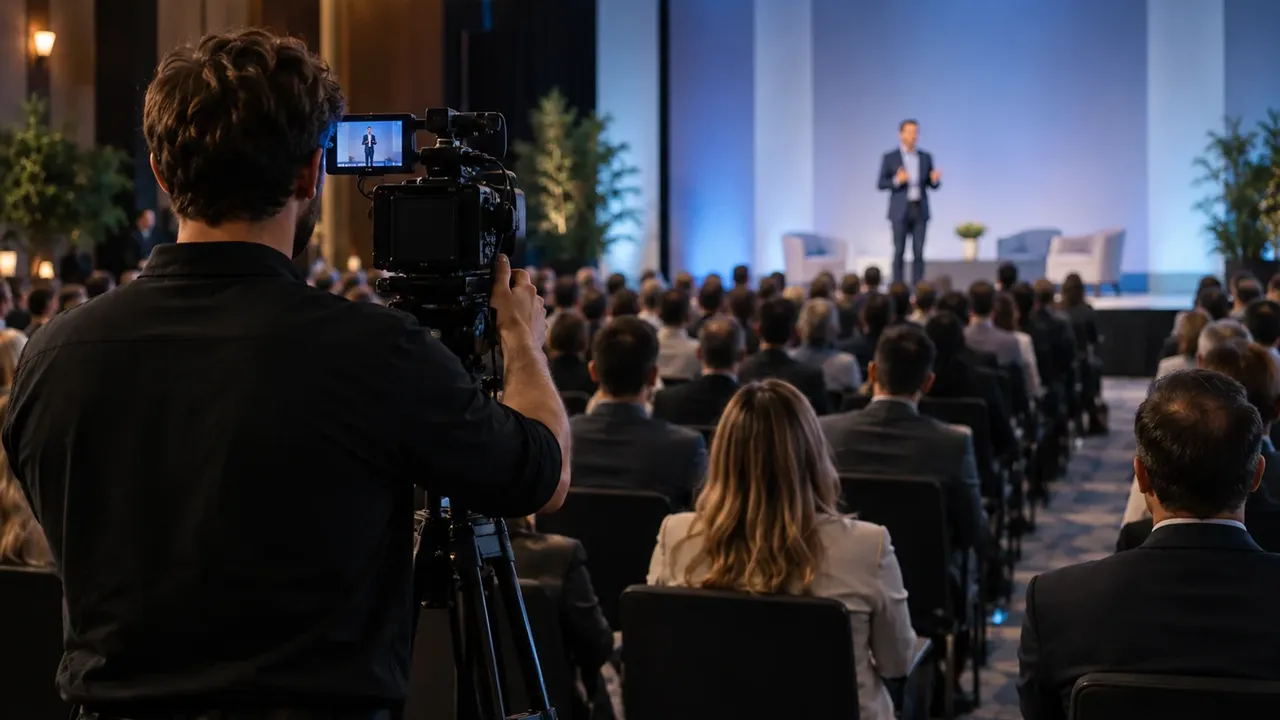 Videographer filming a speaker and audience at a business conference