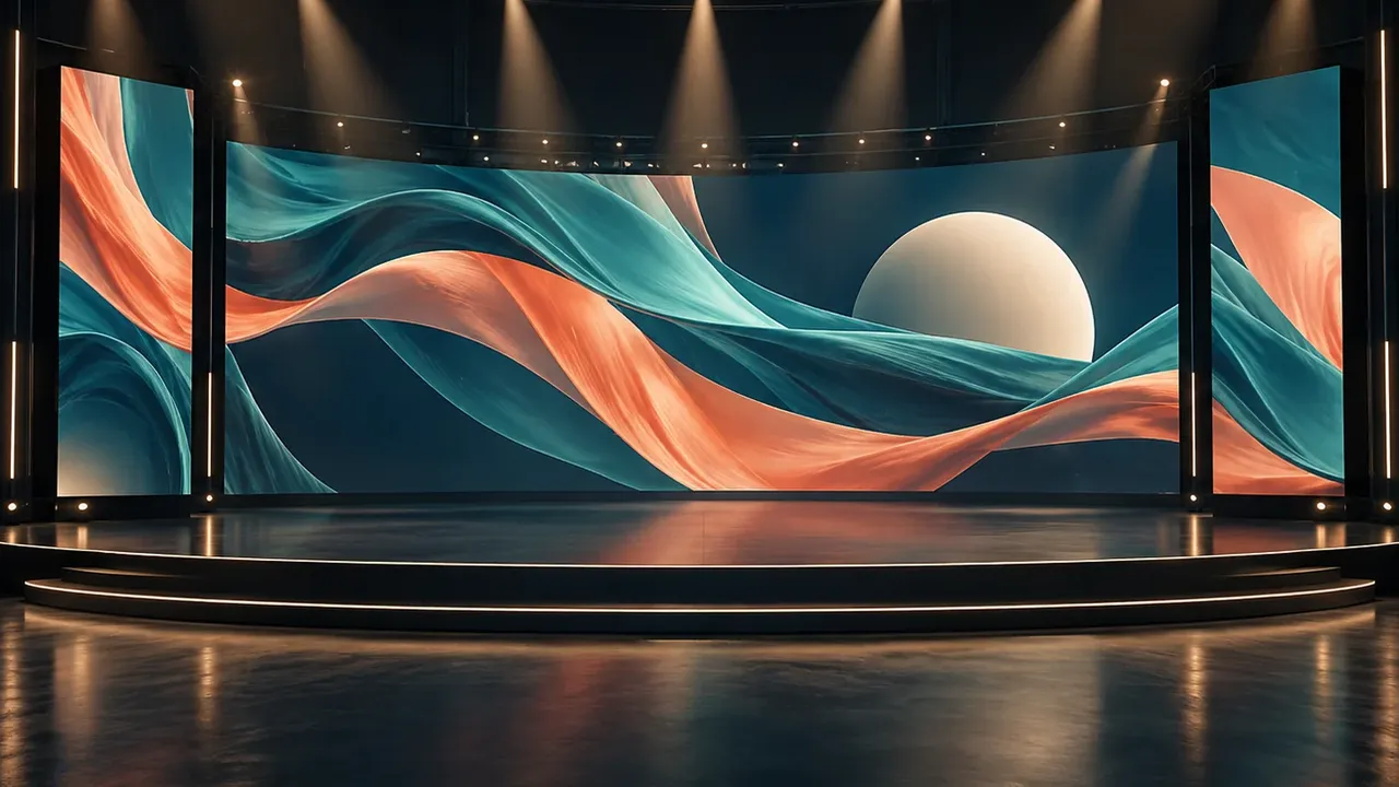 Coordinated teal and coral motion graphics on a stage LED wall and side screens