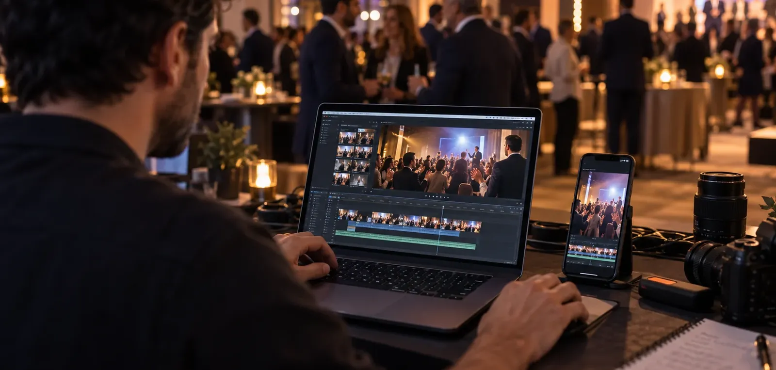 On-site editor assembling an event highlight on a laptop beside a phone displaying a vertical social edit