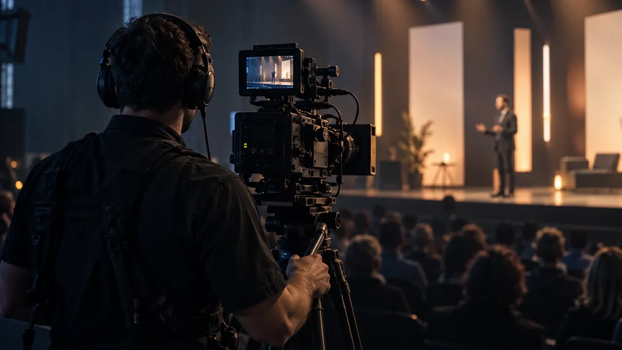 Camera operator filming a speaker on stage at a corporate event