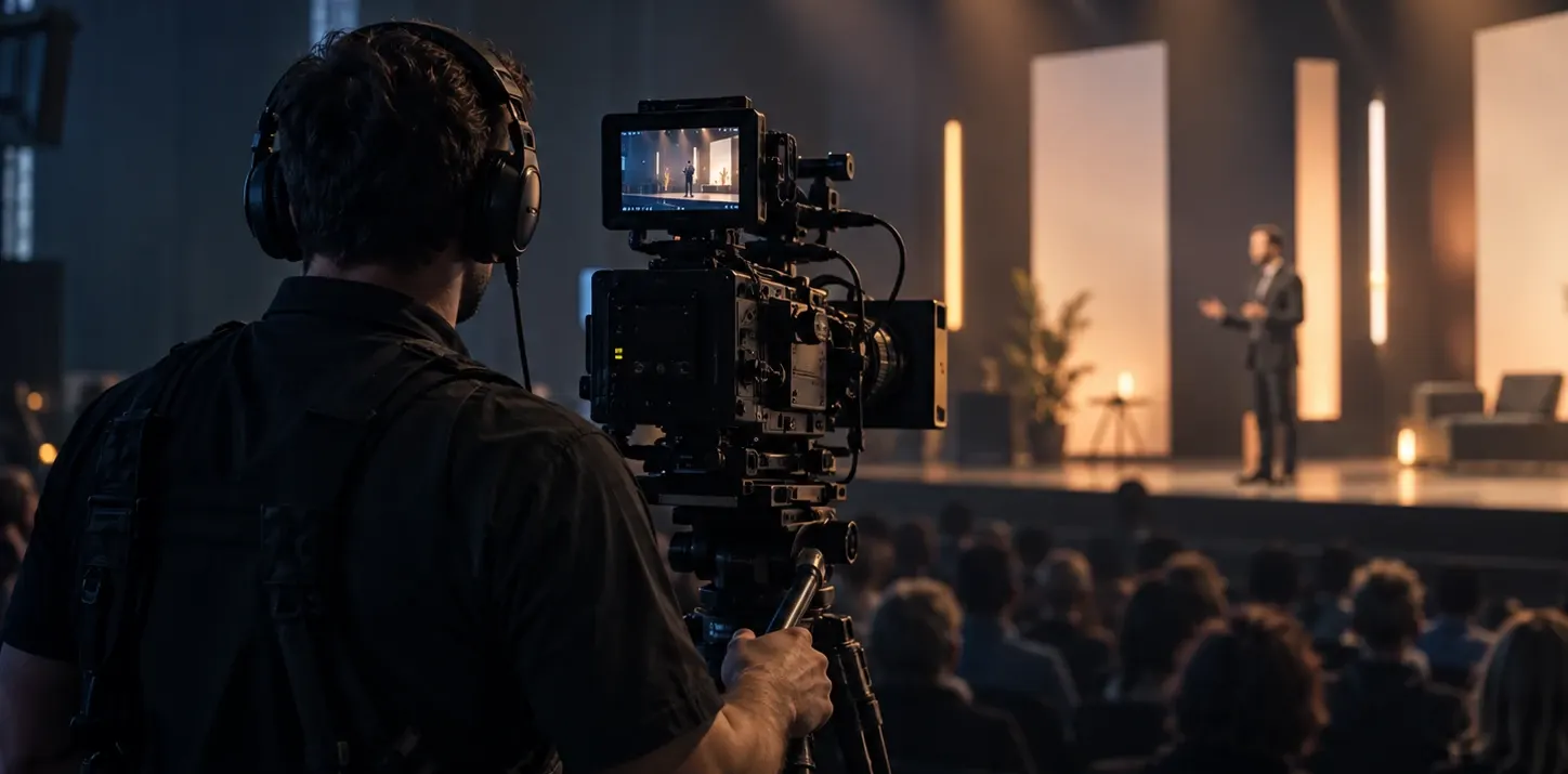 Broadcast camera operator recording a warmly lit live event