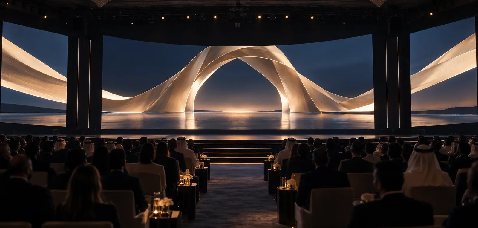 Seated delegates watching a gold ribbon opening film across a wide conference stage and side screens