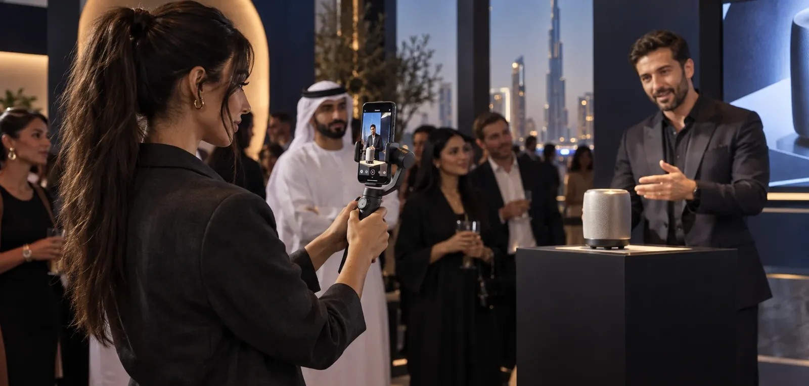 Content creator filming a product demonstration with a vertically mounted smartphone at a UAE launch