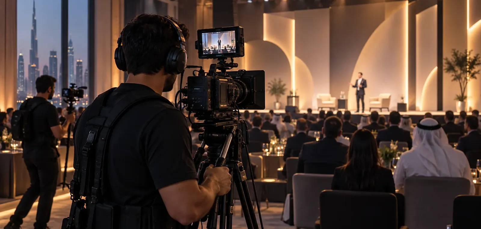 Camera crew filming a speaker on a warmly lit stage in front of a seated corporate audience