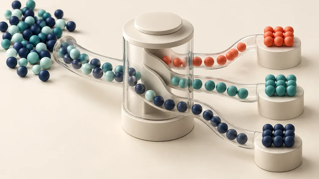 Isometric animation of coloured spheres moving through a sorting process into grouped columns
