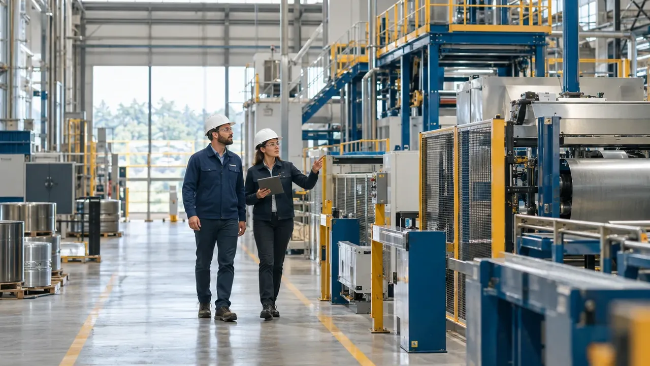 Engineers reviewing production equipment in a manufacturing facility