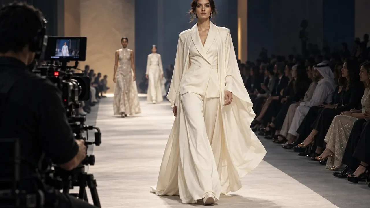 Camera operator filming a model in an ivory outfit walking a runway between seated guests