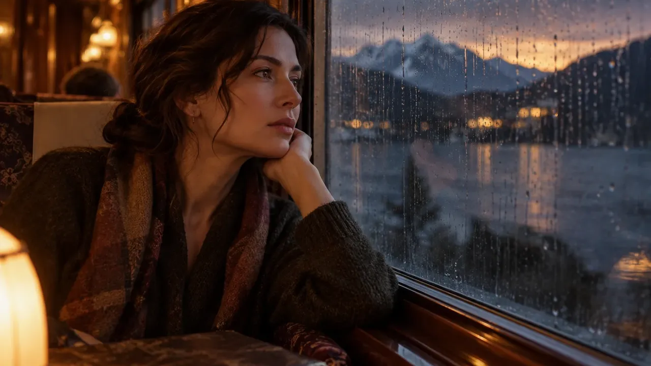Woman in a warmly lit train carriage looking through a rain-streaked window