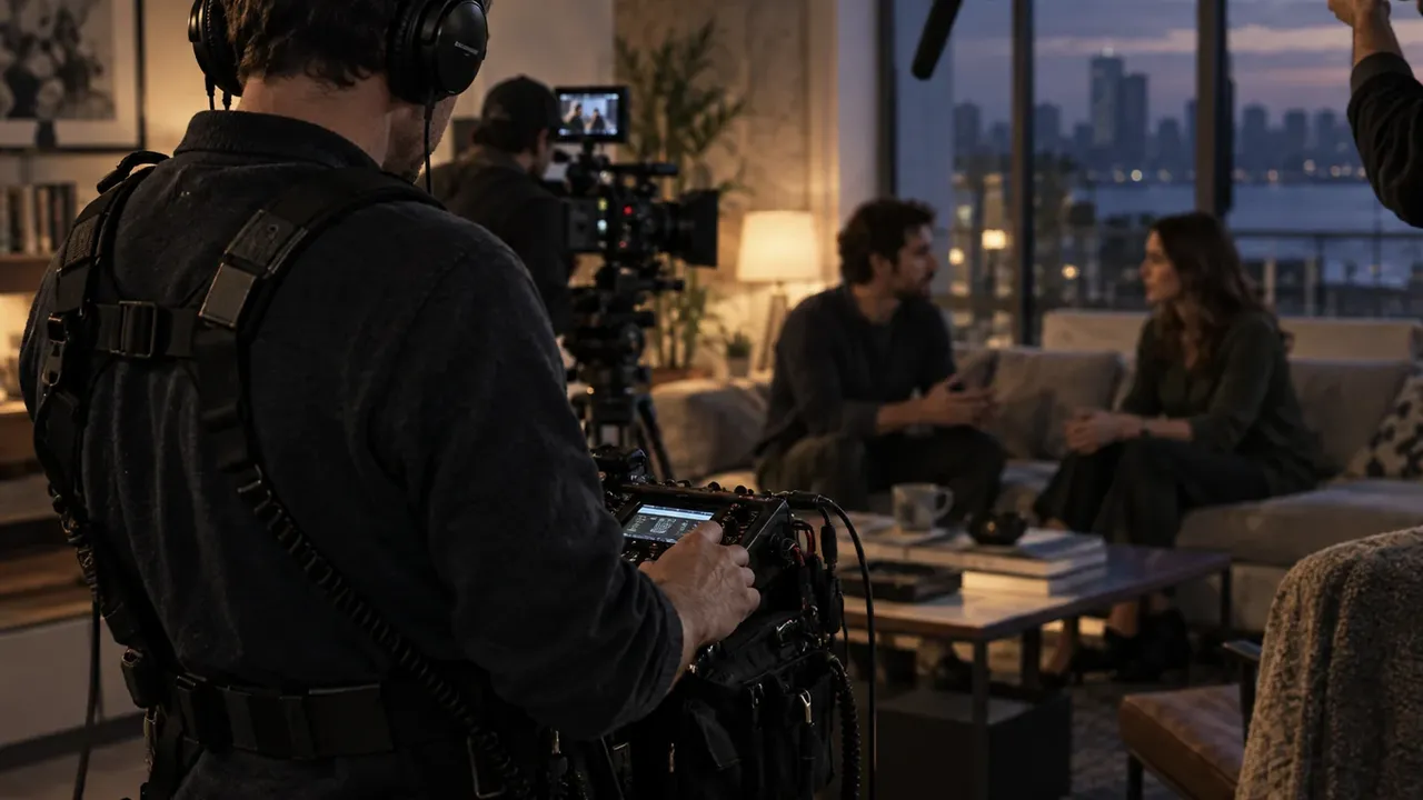 Sound recordist monitoring a field recorder while a boom microphone captures two actors on a film set