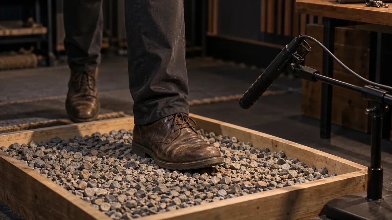 Illustrative Foley session with footsteps recorded in a gravel tray beside a low microphone