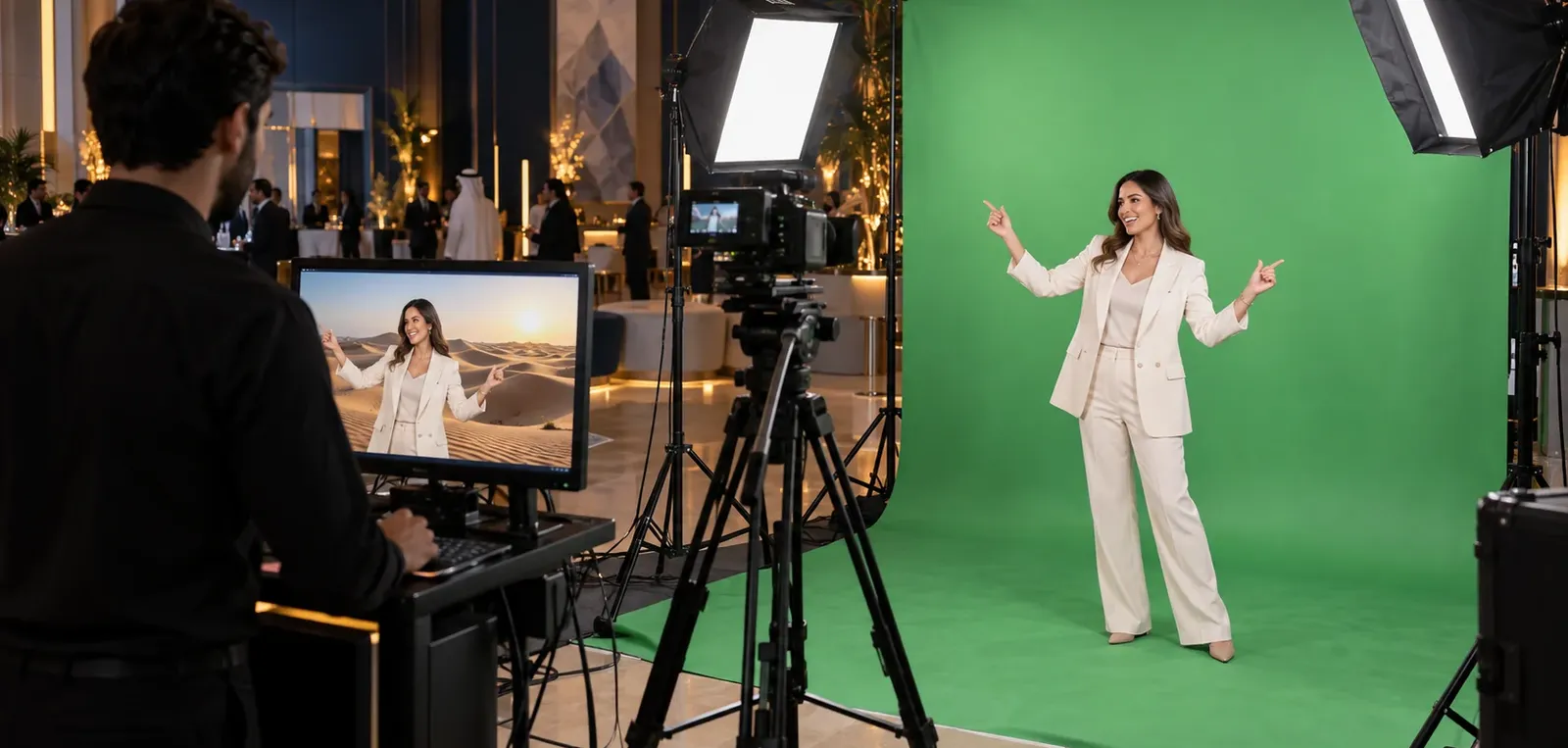 Guest filmed in front of a green screen while a nearby monitor previews the guest against a desert landscape