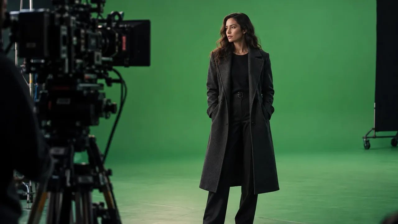 Illustrative film set with a performer on a green screen stage and a cinema camera in the foreground