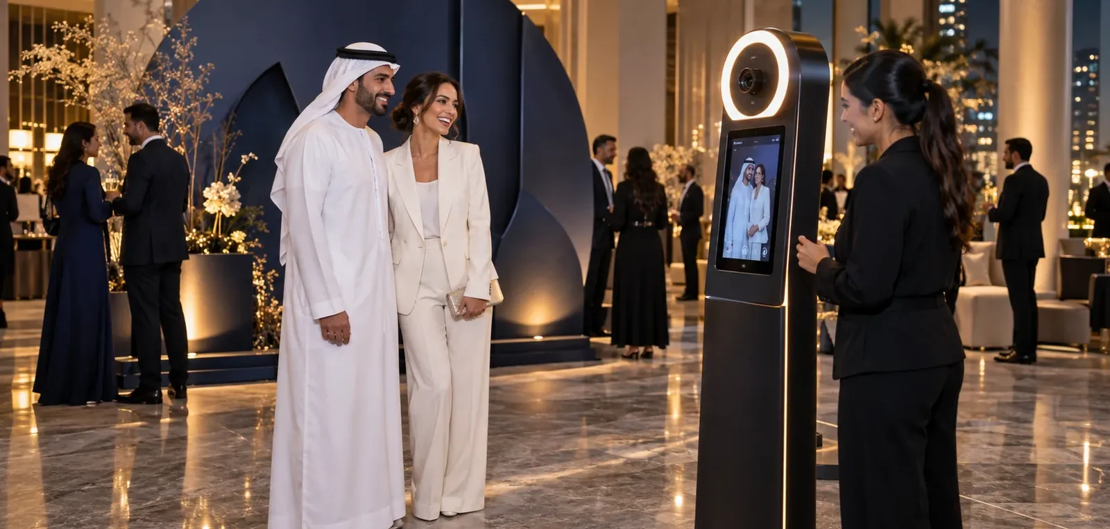 Guests taking part in a photo experience at a UAE corporate reception while an operator assists beside the capture booth