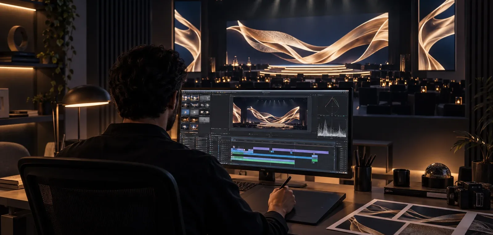 Motion designer creating coordinated gold and navy event visuals on an editing workstation and large reference display