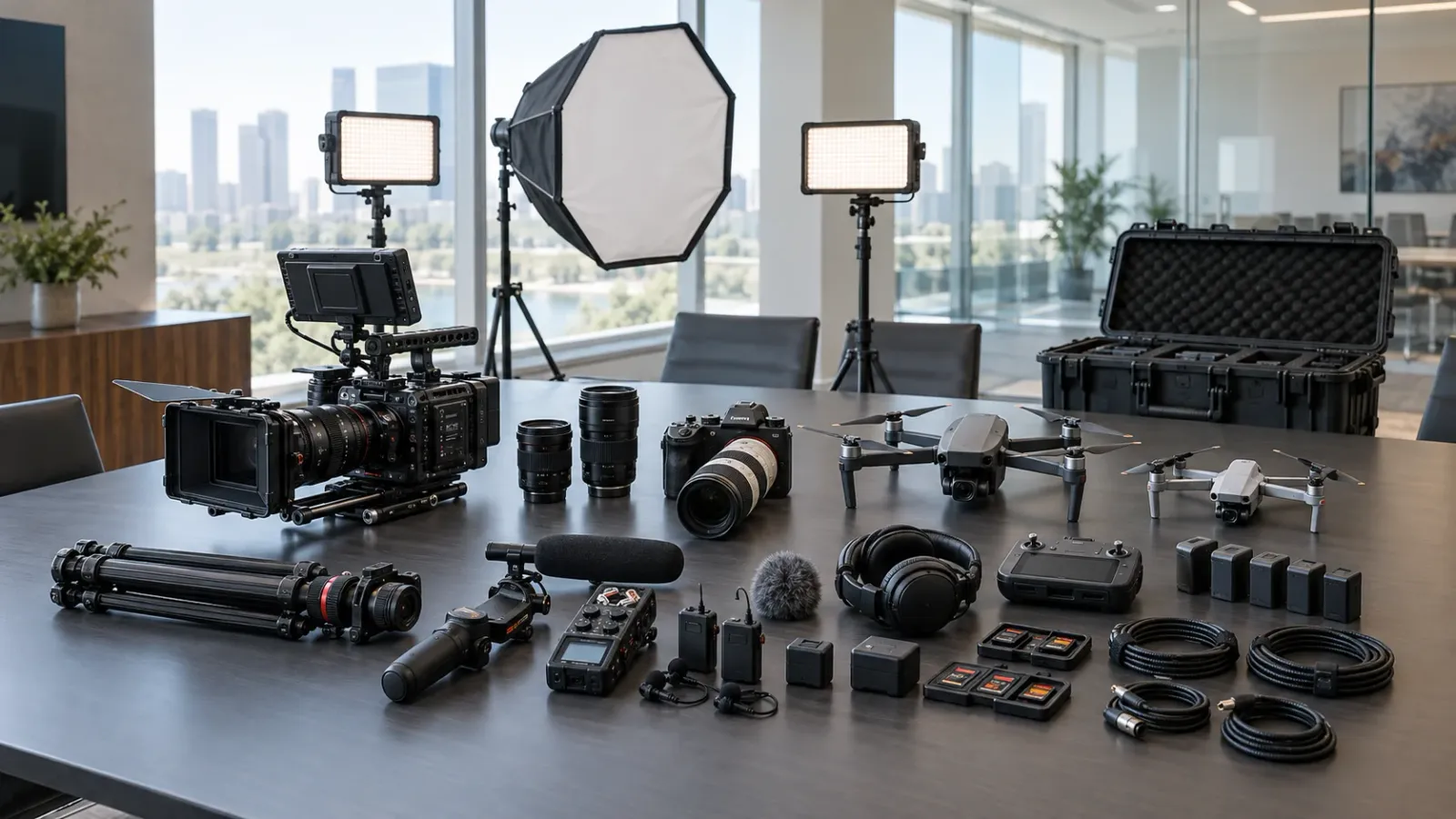 Video and photography cameras, two drones, lights, audio equipment and accessories arranged on a corporate conference table