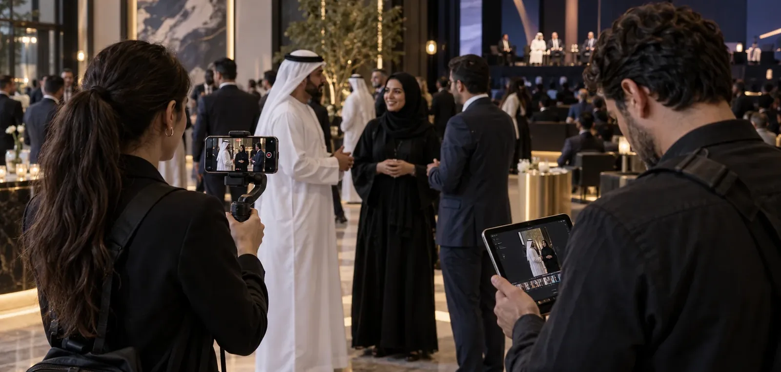 Content crew filming delegates at a UAE event while a producer reviews captured footage on a tablet