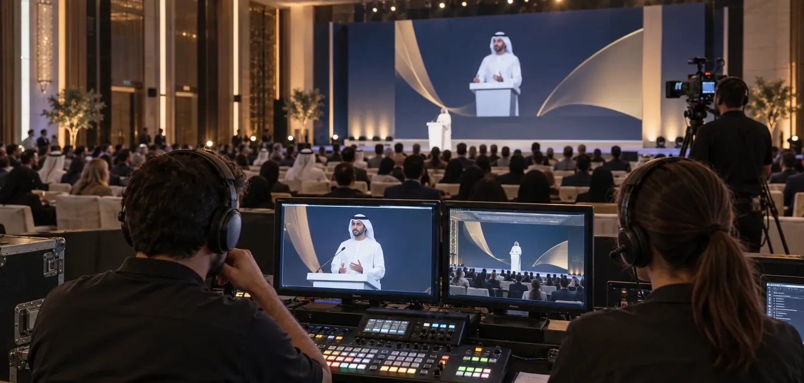 Production crew monitoring camera feeds from a control desk overlooking a corporate conference stage
