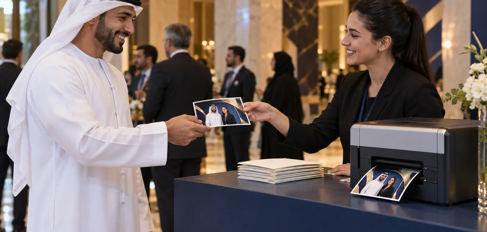 Event staff handing a printed portrait to a guest beside an instant photo printer in a conference foyer