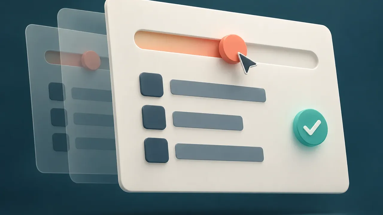 Animated interface panel with a sliding coral control, content bars and a confirmation check