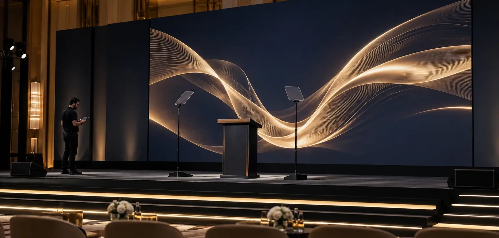 Conference stage with a navy and gold LED wall, lectern and two teleprompters ready for rehearsal
