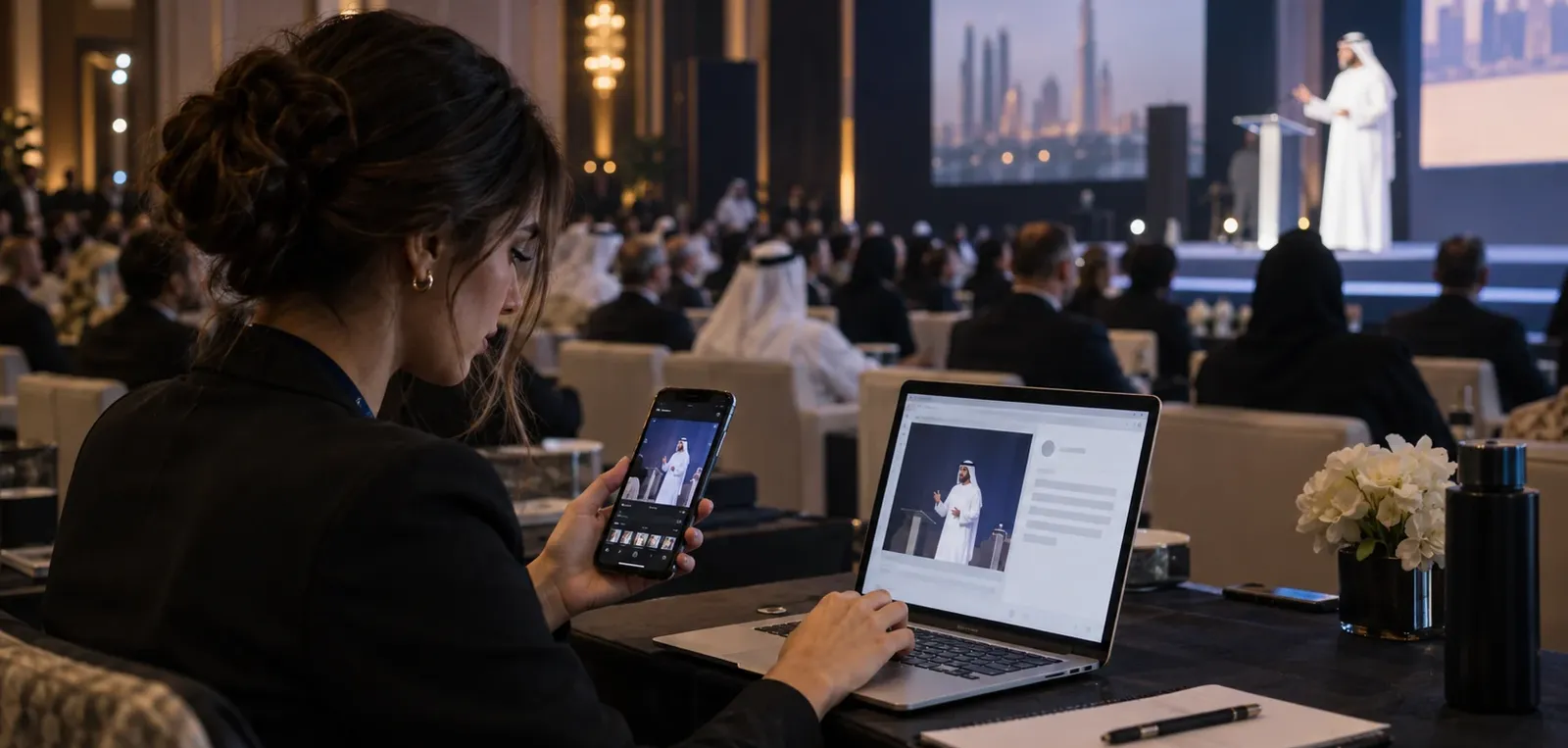 Event communications producer preparing a social post on a laptop while reviewing keynote footage on a phone