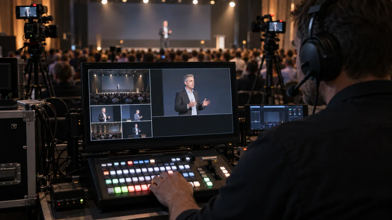 Live stream operator switching between camera views of a conference speaker