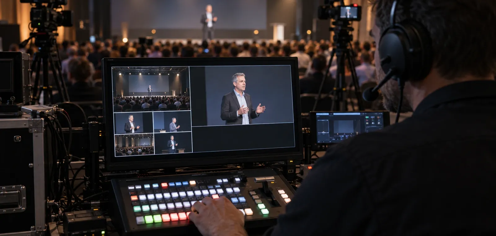 Live stream operator switching multiple camera feeds from a portable broadcast desk at a conference