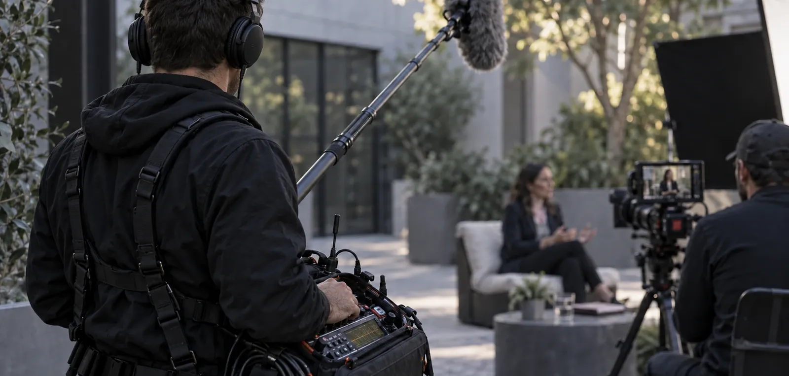 Male location sound recordist viewed from behind, monitoring a field mixer beside a boom microphone