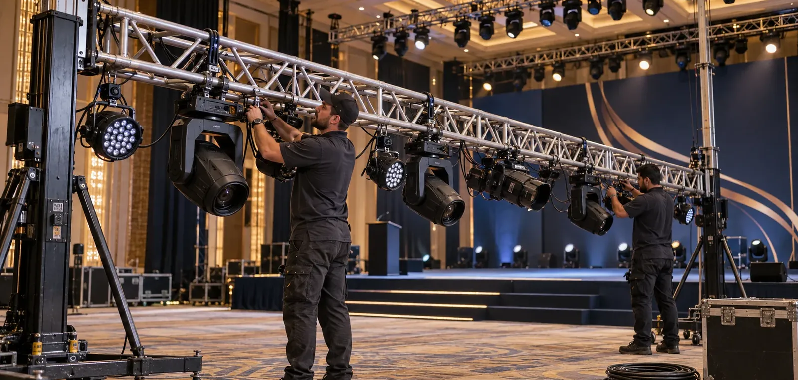 Two lighting technicians securing moving-head fixtures and cabling to the main stage lighting truss
