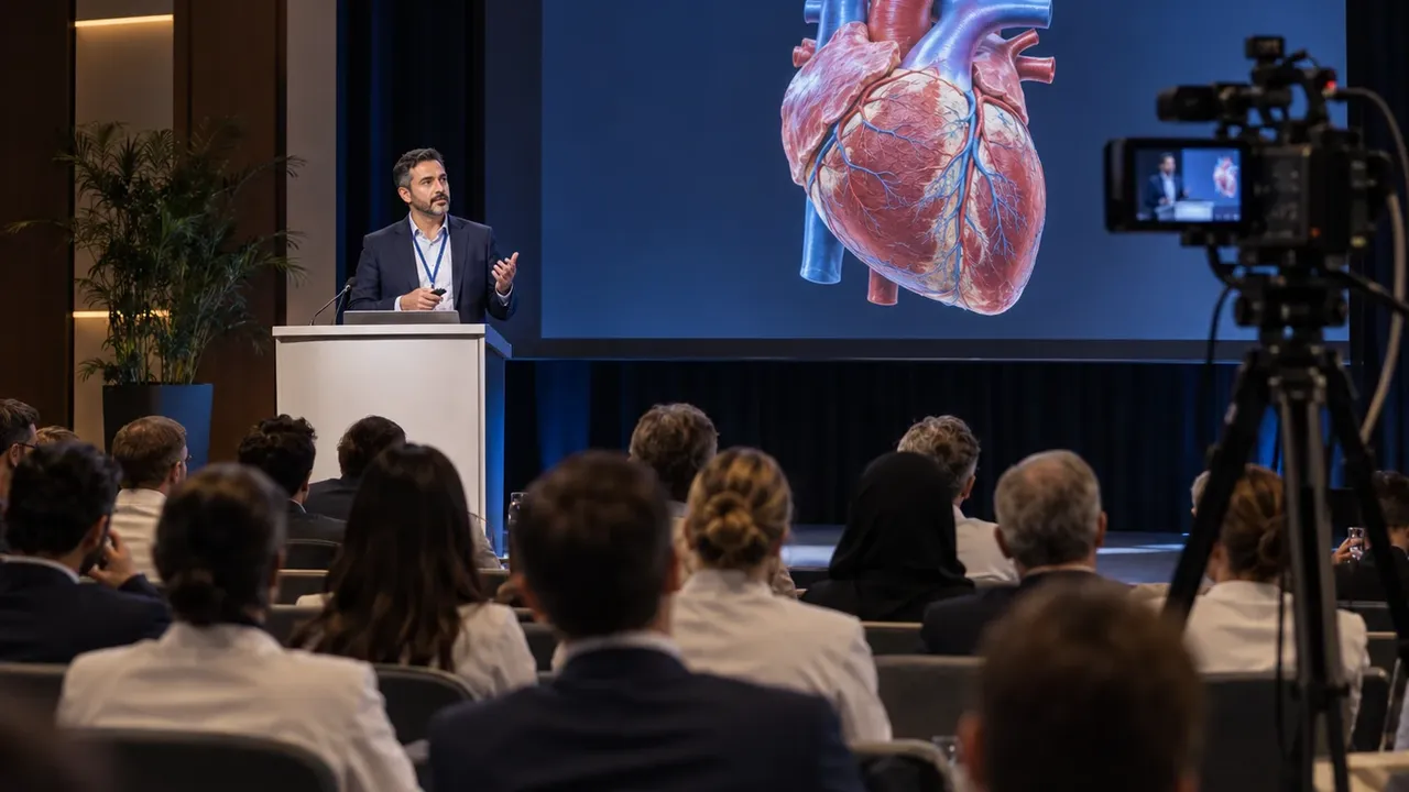 Medical presenter discussing a heart illustration at a conference recorded for remote healthcare professionals